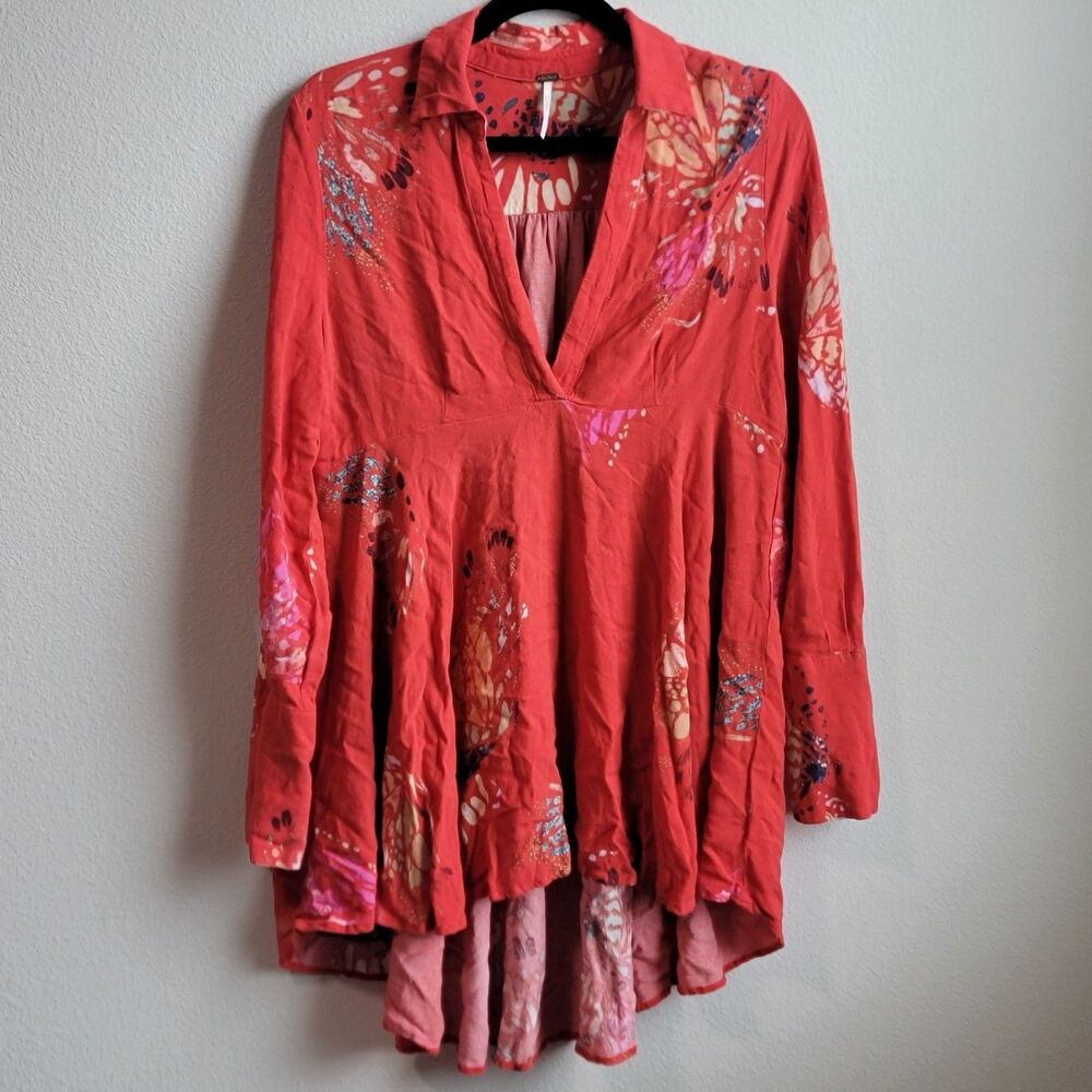 FREE PEOPLE FIELD OF BUTTERFLIES BOHO ORANGE TUNIC TOP SIZE M
